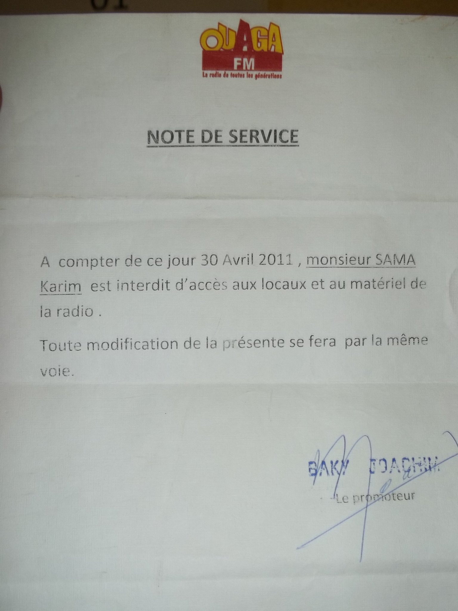 L'affiche du directeur de Ouaga FM signifiant l'exclusion de Sams'K Le